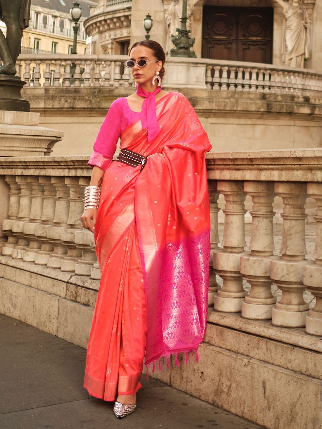 

Odette Orange Soft Silk Woven Saree With Unstitched Blouse For Women