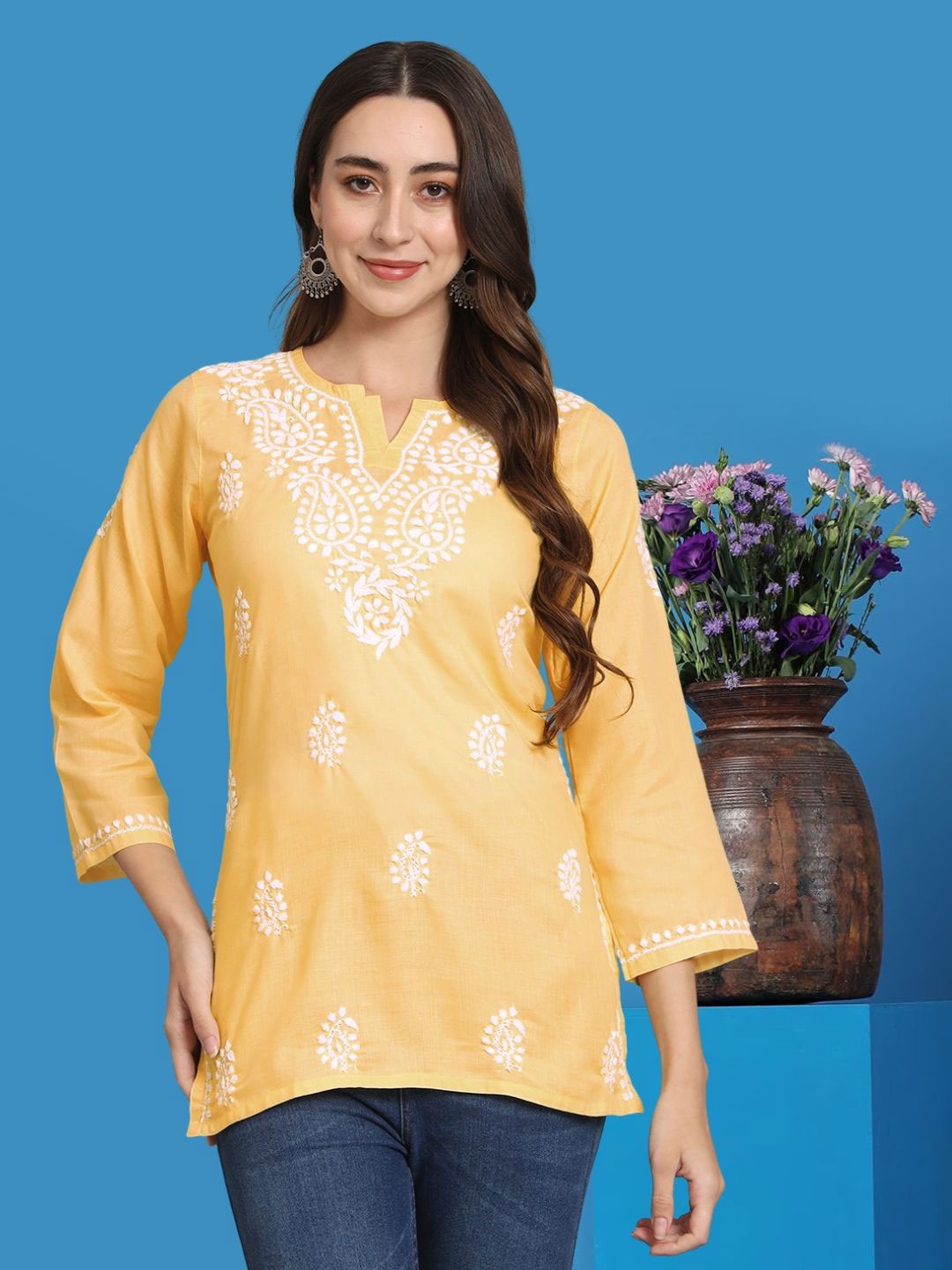 

PARAMOUNT CHIKAN Ethnic Motifs Embroidered Chikankari Kurti, Yellow