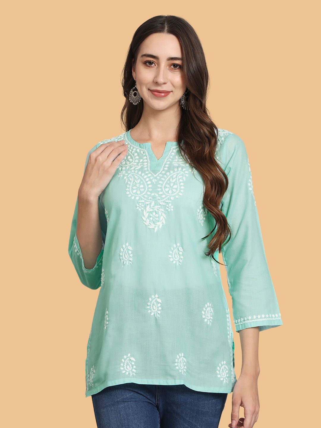

PARAMOUNT CHIKAN Ethnic Motifs Embroidered Chikankari Kurti, Sea green
