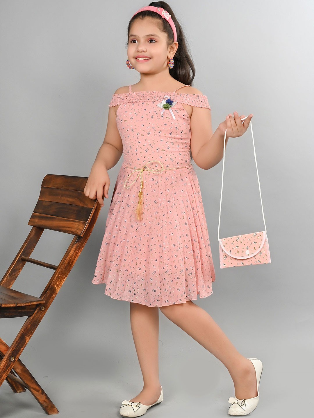

BAESD Girls Floral Printed Shoulder Straps Cotton Fit & Flare Dress, Pink