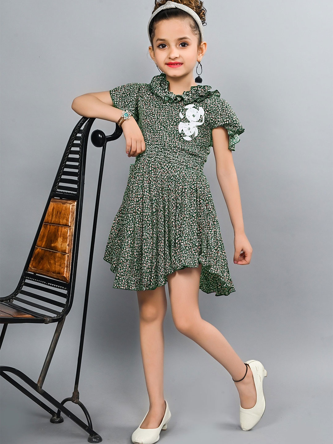 

BAESD Girls Floral Printed Flutter Sleeve Fit & Flare Dress, Green
