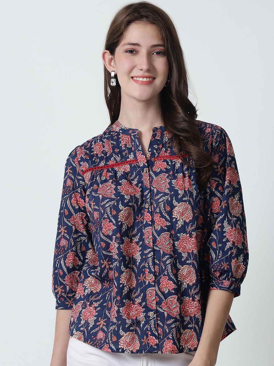 

BAESD Women Floral Printed Mandarin Collar Organic Cotton Top, Navy blue