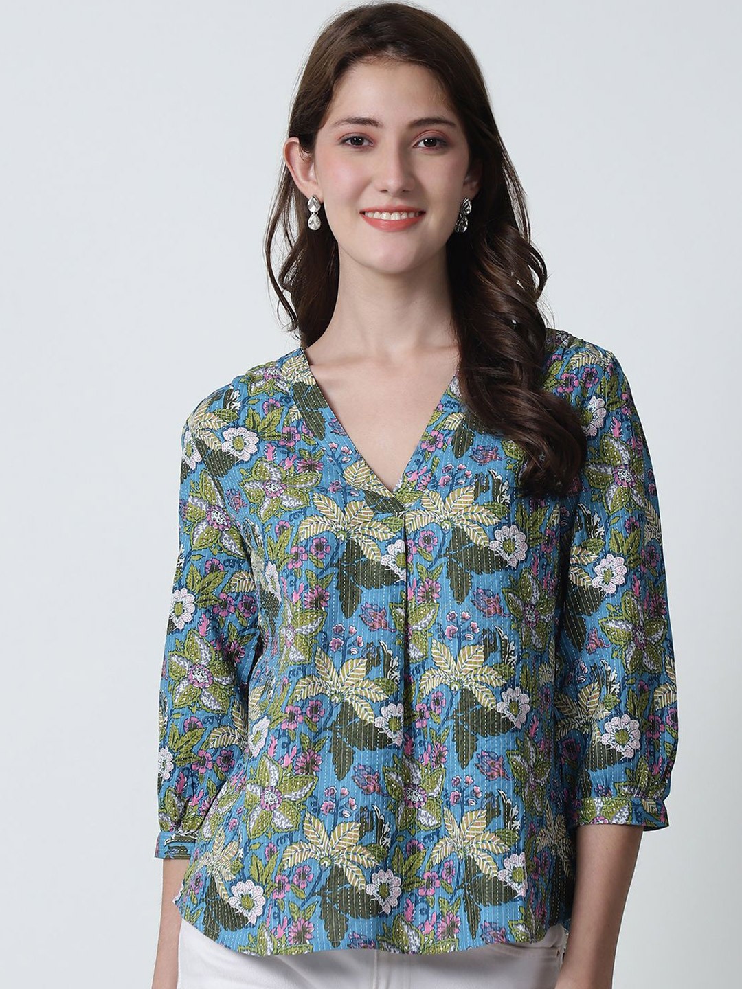 

BAESD Women Floral Printed V-Neck Organic Cotton Top, Blue