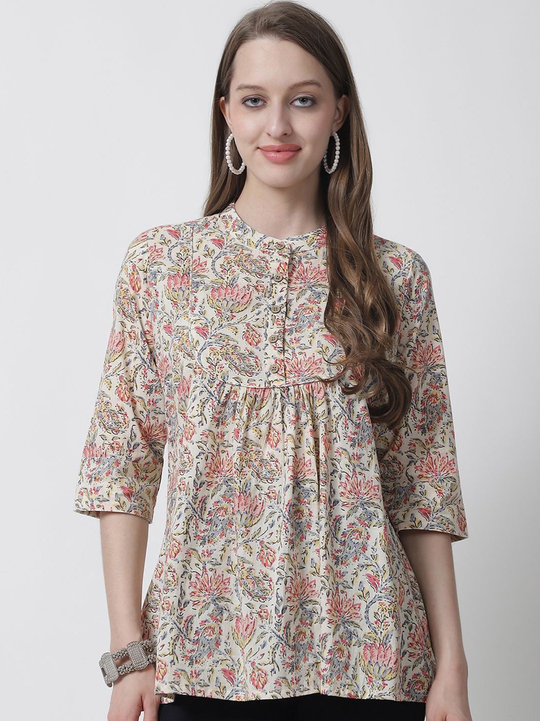 

BAESD Women Floral Printed Mandarin Collar Organic Cotton Top, Red
