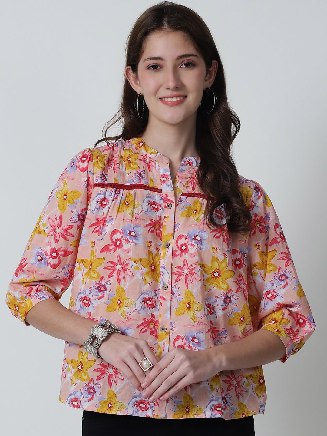 

BAESD Women Floral Printed Mandarin Collar Pure Cotton Top, Peach