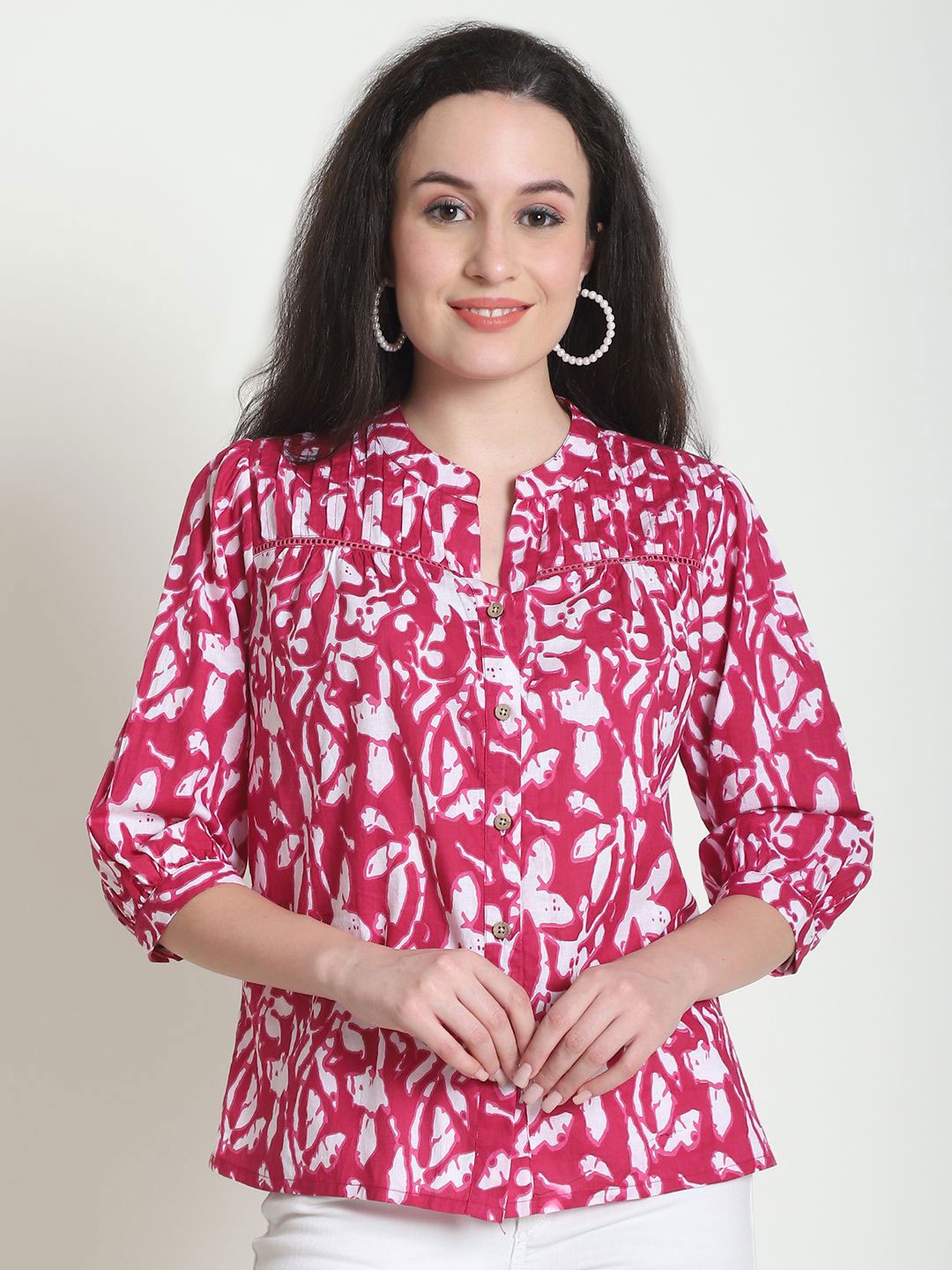 

BAESD Printed Mandarin Collar Pure Cotton Shirt Style Top, Pink