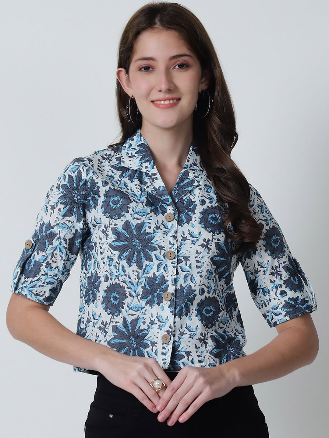 

BAESD Floral Printed Organic Cotton Shirt Style Top, Off white