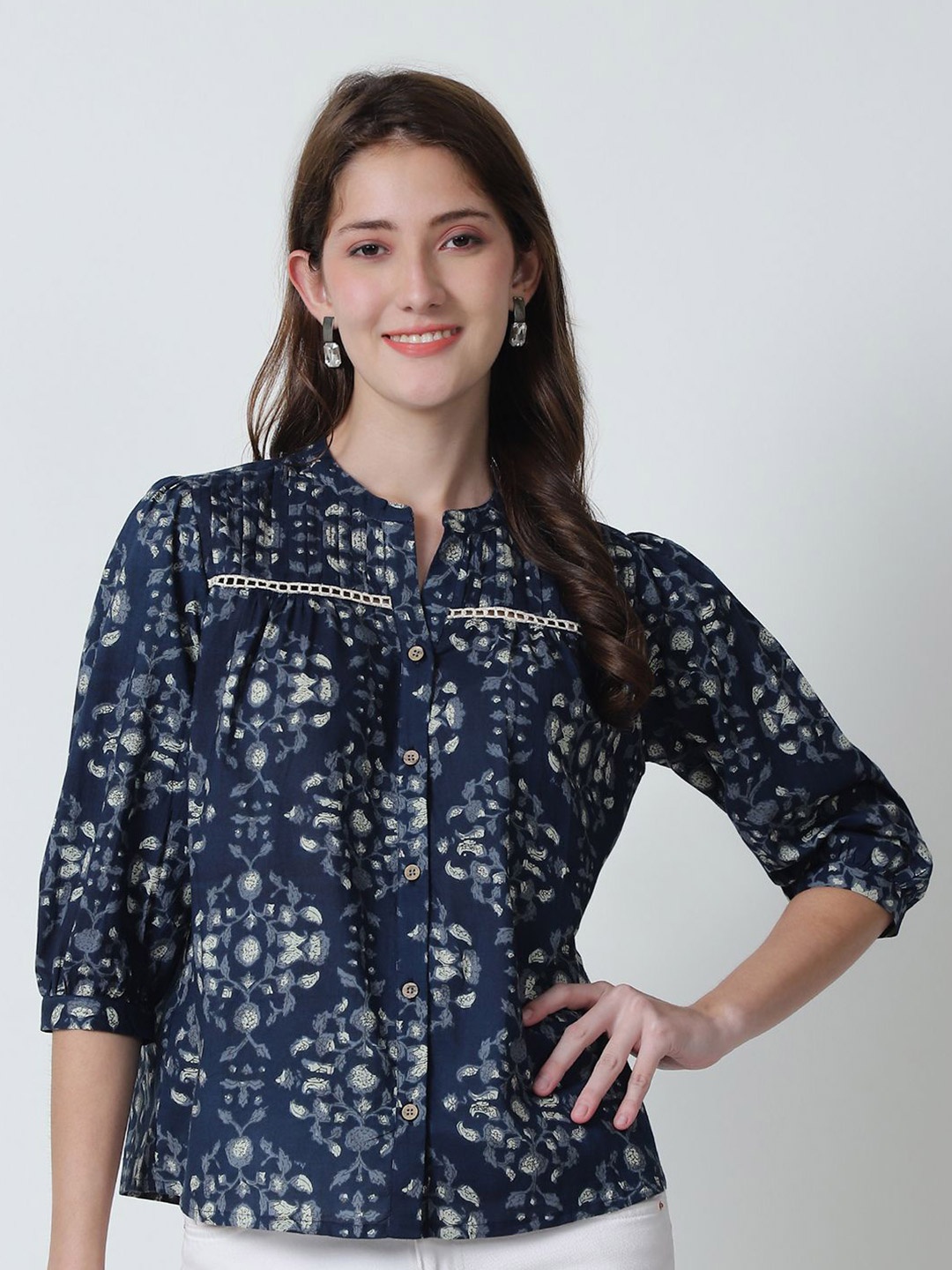 

BAESD Ethnic Motifs Printed Mandarin Collar Organic Cotton Top, Navy blue