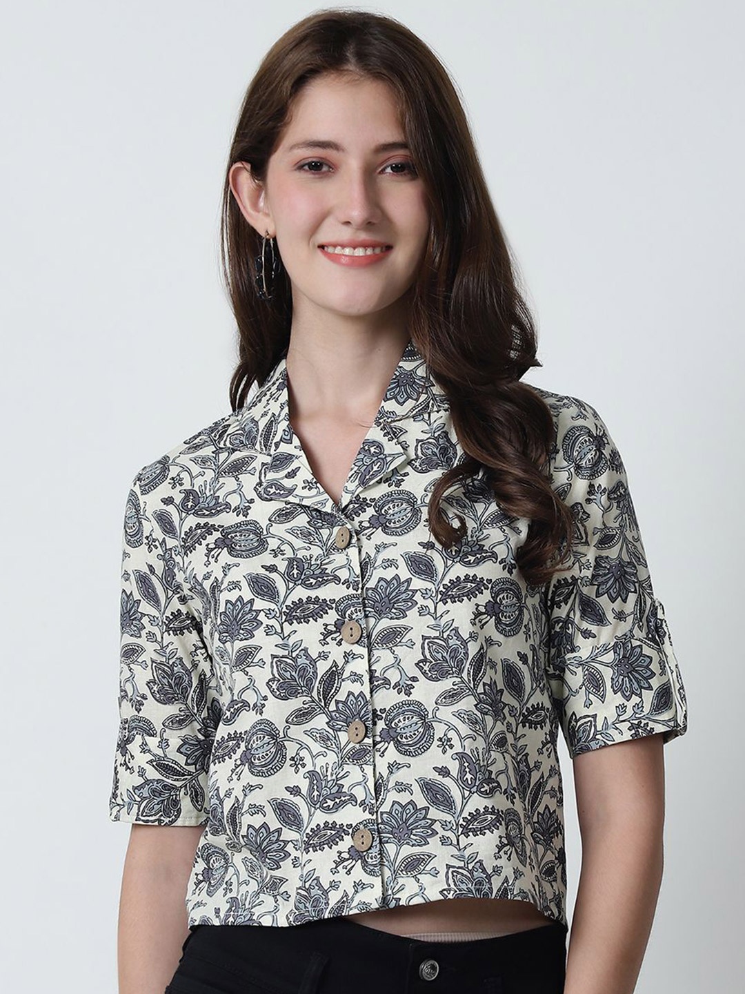 

BAESD Floral Print Organic Cotton Wrap Top, Cream