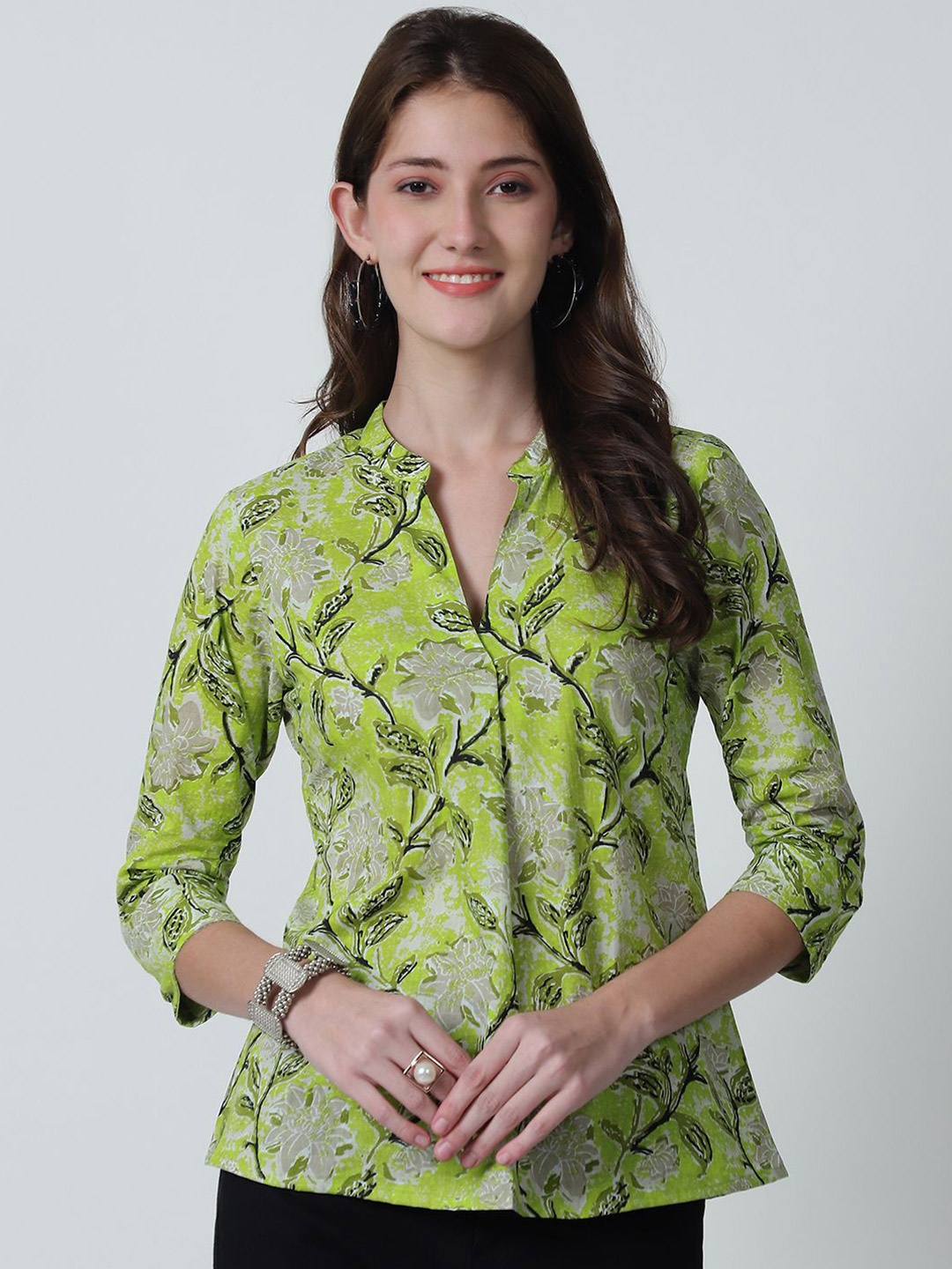 

BAESD Floral Printed Mandarin Collar Pure Cotton Top, Lime green