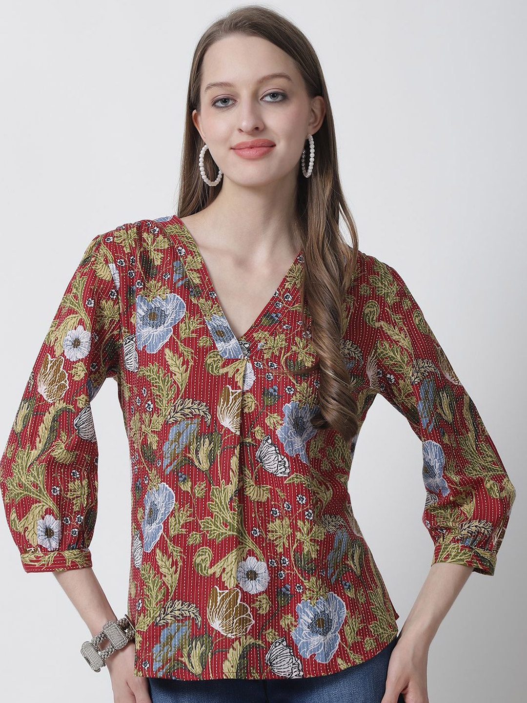 

BAESD Floral Printed V-Neck Pure Cotton Top, Maroon