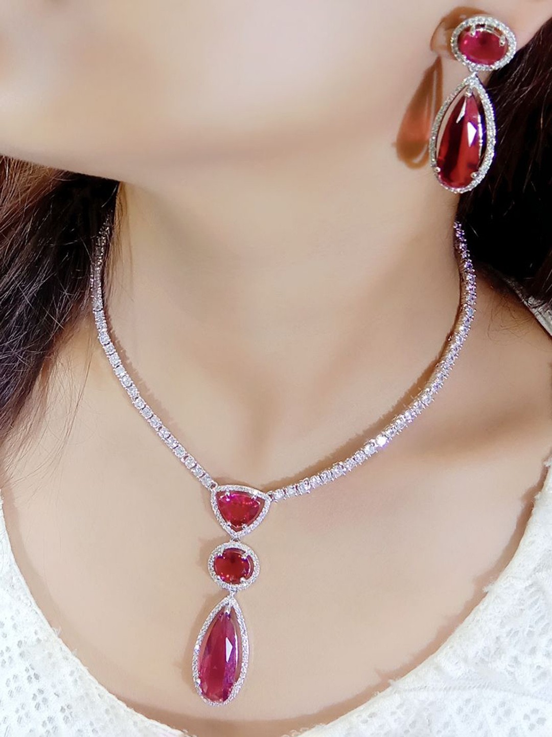 

Ladymania Silver-Plated American Diamond Stone-Studded Jewellery Set