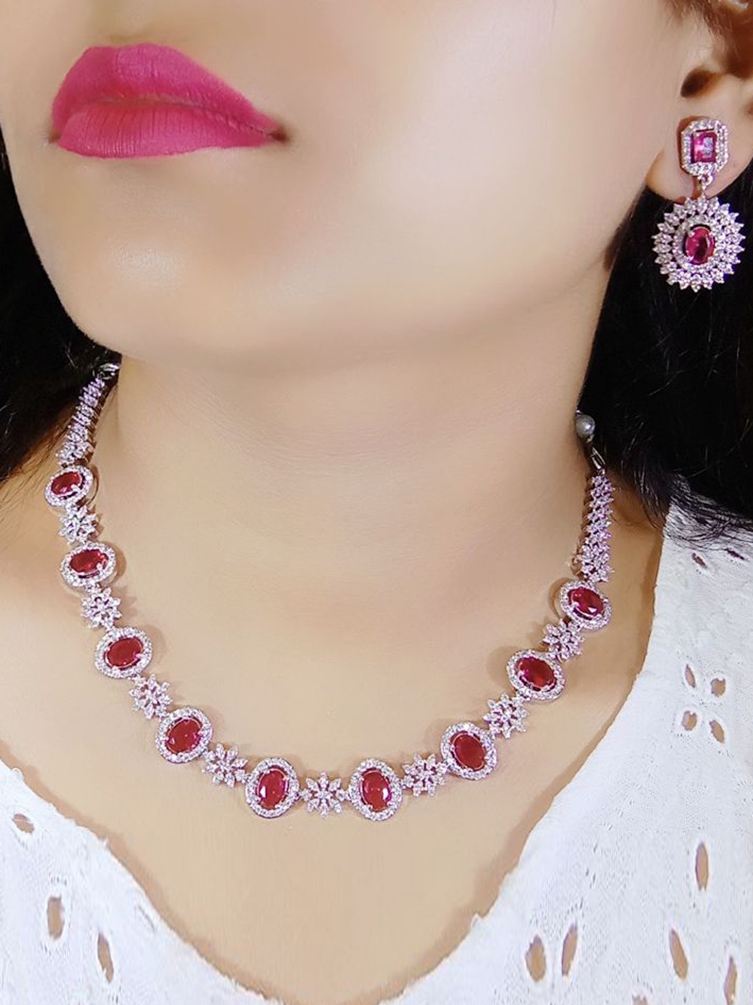 

Ladymania Sliver Plated American Diamond-Studded Elegant Jewellery Set, Silver