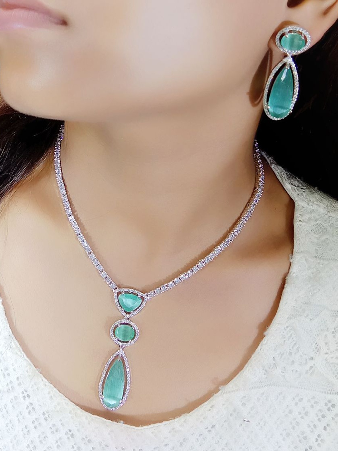 

Ladymania Silver Plated AD Stone Studded Jewellery Set
