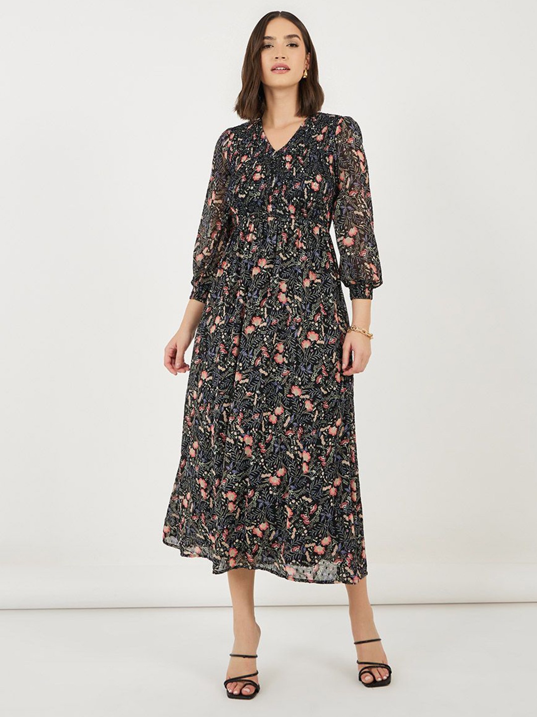 

Styli Women Floral Print V-Neck Puff Sleeves A-Line Maxi Dress, Black