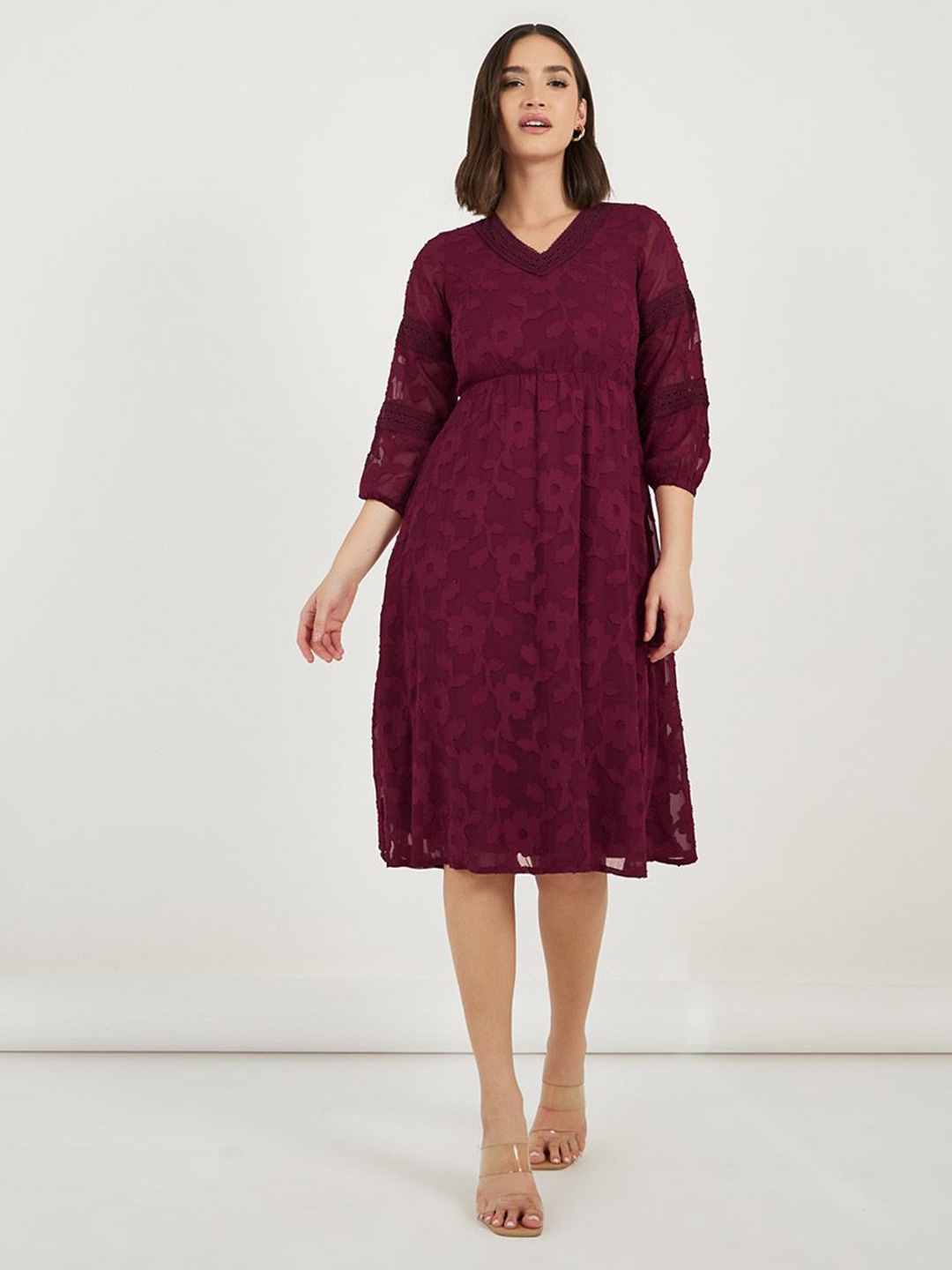 

Styli Women V-Neck Puff Sleeves A-Line Midi Dress, Maroon