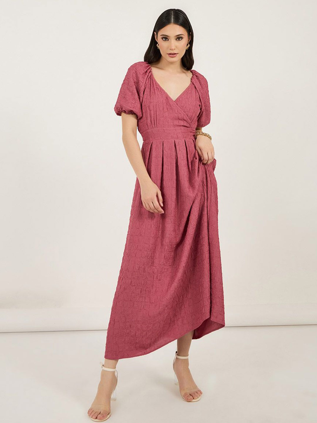 

Styli Women V-Neck Puff Sleeves A-Line Maxi Dress, Pink