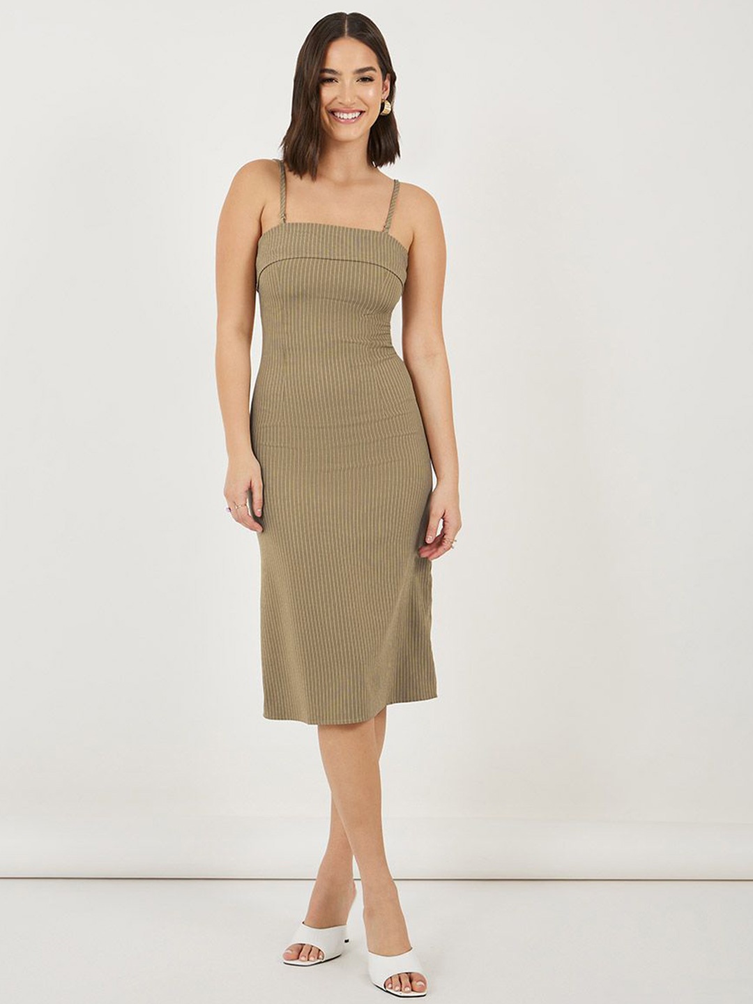 

Styli Women Striped Sleeveless Sheath Midi Dress, Beige