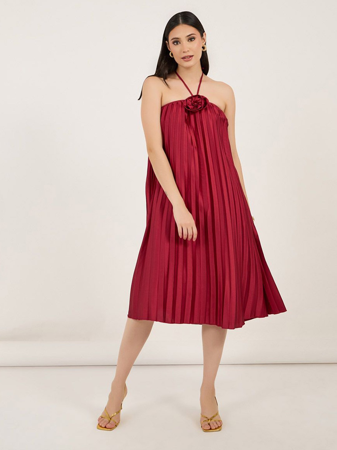 

Styli Women Off Shoulder Rose Pleated A-Line Midi Dress, Red