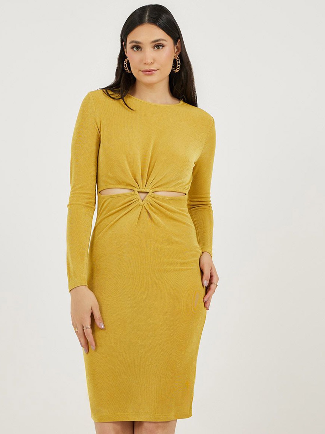 

Styli Women Solid Round Neck Bodycon Knee Length Dress, Mustard