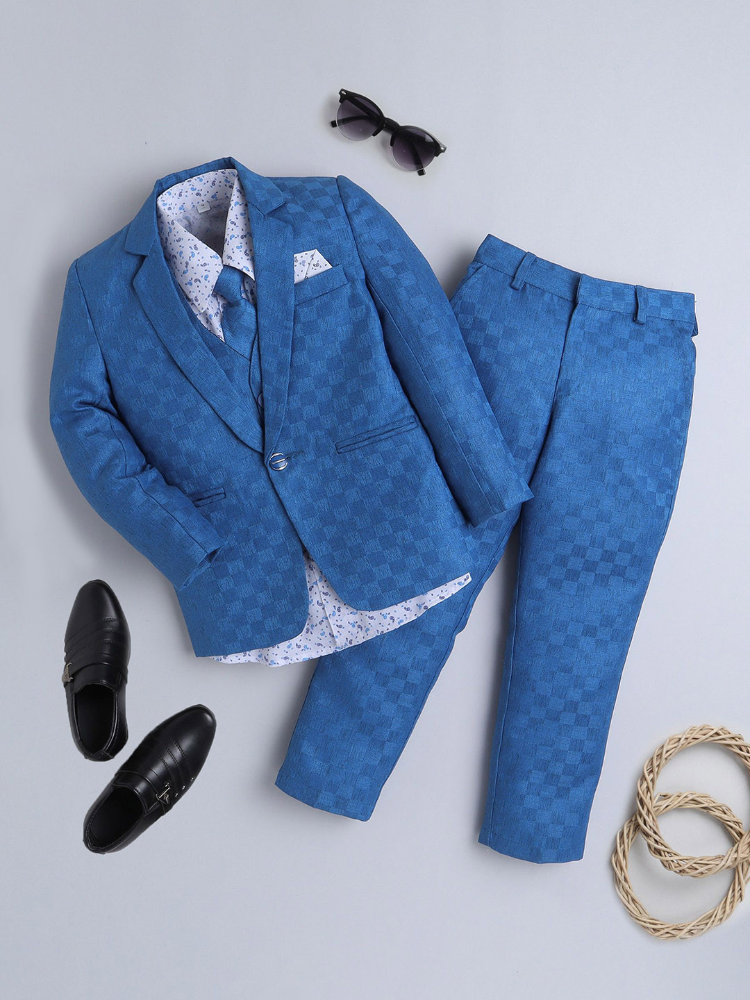 

BAESD Boys Checked Single-Breasted 5-Pcs Suit, Blue