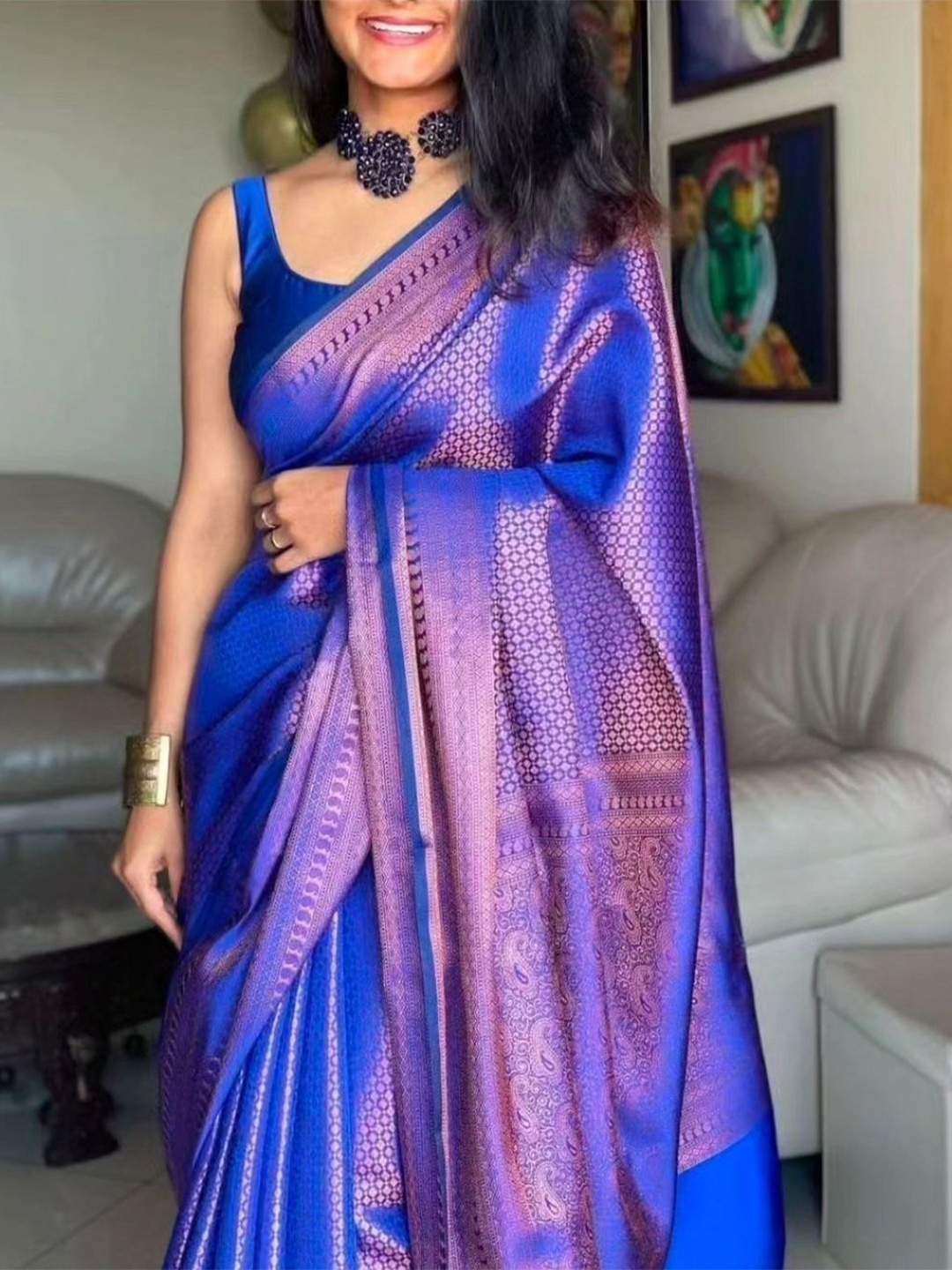 

DIVASTRI Ethnic Motifs Zari Kanjeevaram Saree, Blue