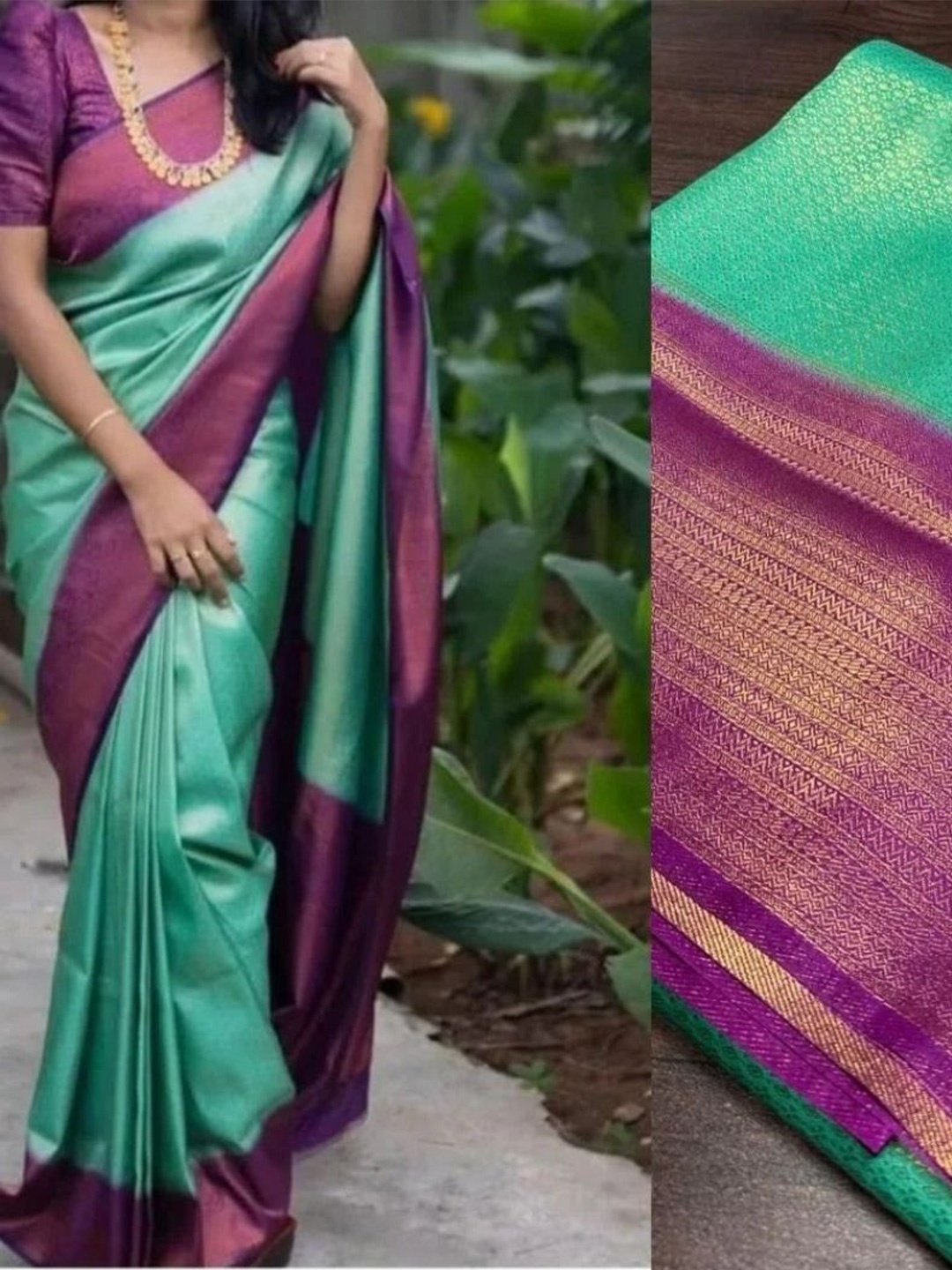 

DIVASTRI Ethnic Motifs Zari Kanjeevaram Saree, Sea green