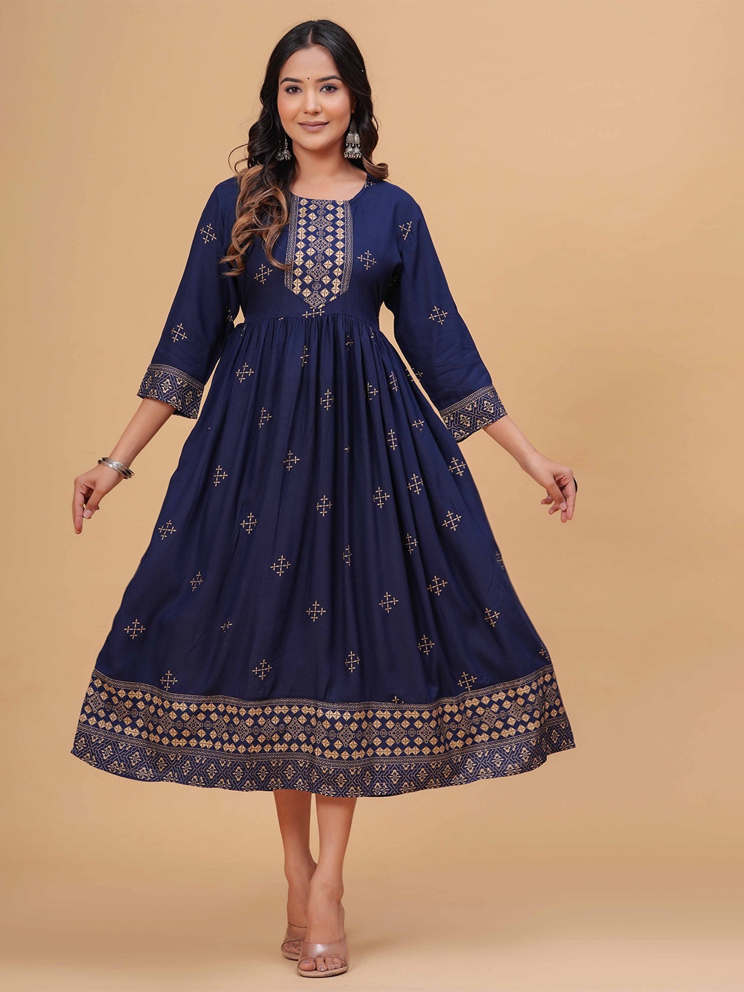 

Sanganeri Kurti Women Ethnic Motifs Print Fit & Flare Midi Dress, Navy blue