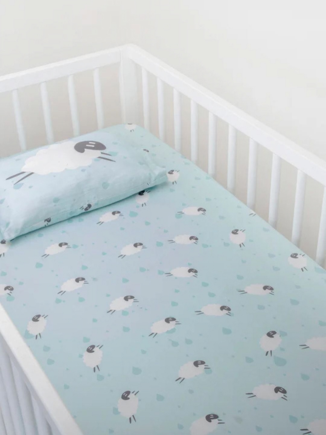 

WAXWINGO Blue & White Baa Baa Fitted 144TC Fitted Bedsheet with 1 Pillow Cover-3.55mx1.77m
