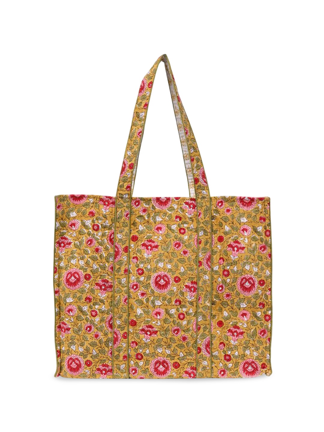

Block N Style Women Floral Printed Structured Cotton Tote Bag, Mustard