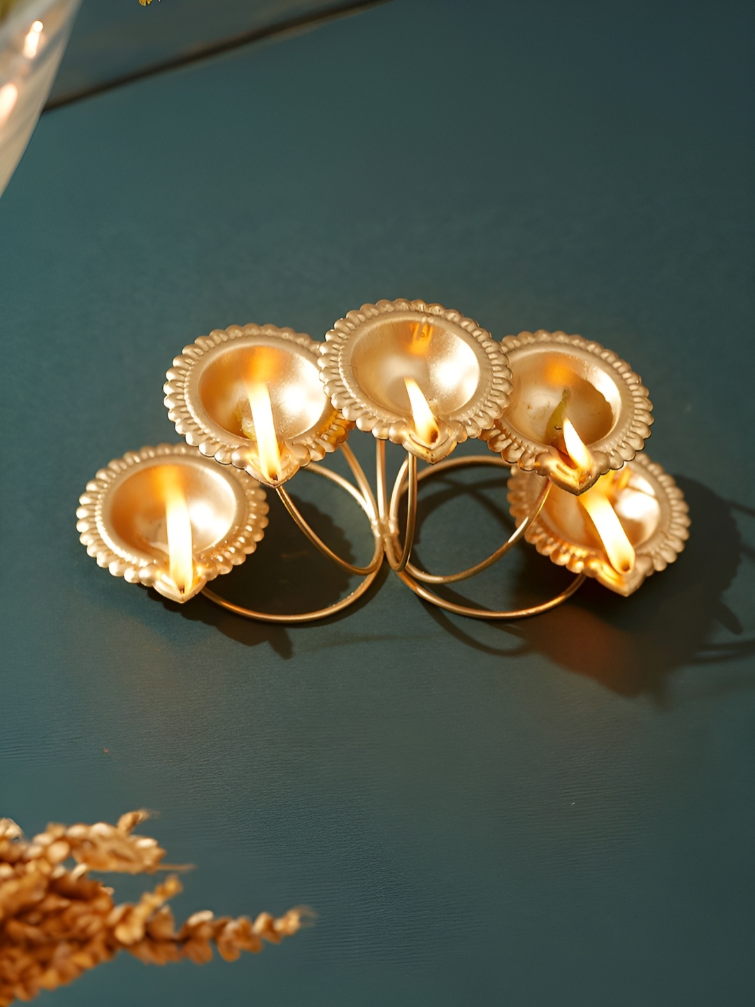 

Homspurts Gold-Toned 5-Diyas Antique Candle Holders