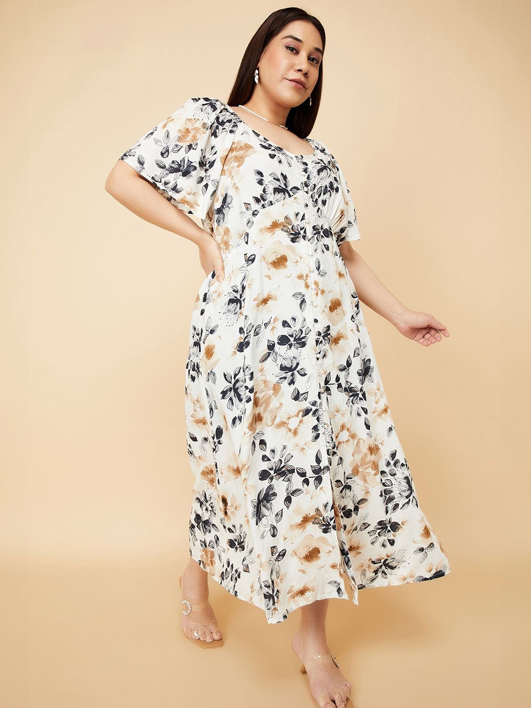 

Max Women Plus Size Floral Print A-Line Dress, Beige