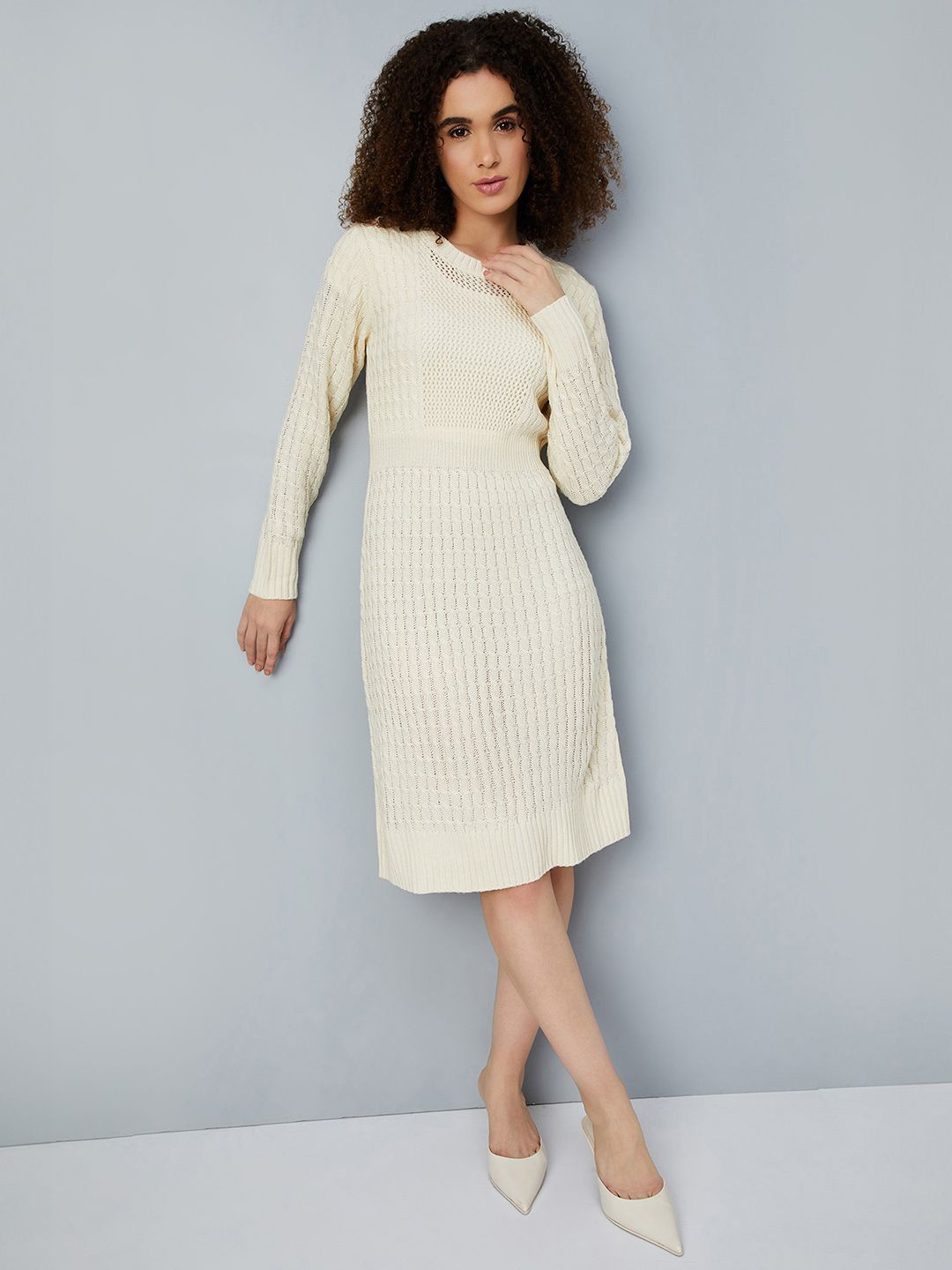 

max Self Design Round Neck A-Line Dress, Beige