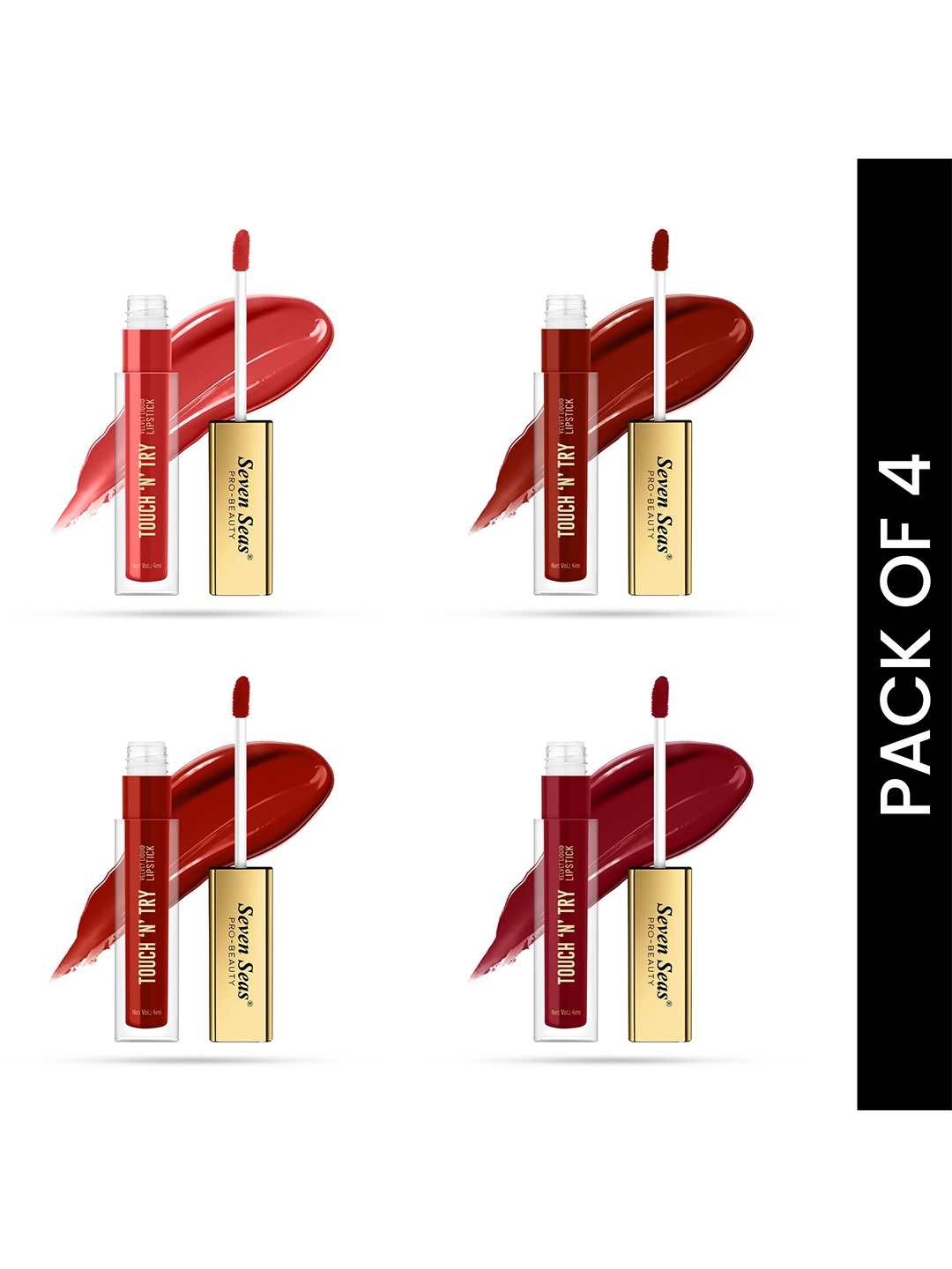 

Seven Seas Touch N Try Set Of 4 Velvet Matte Liquid Lipstick- 4 ml Each - 16- 17- 18- 19, Red