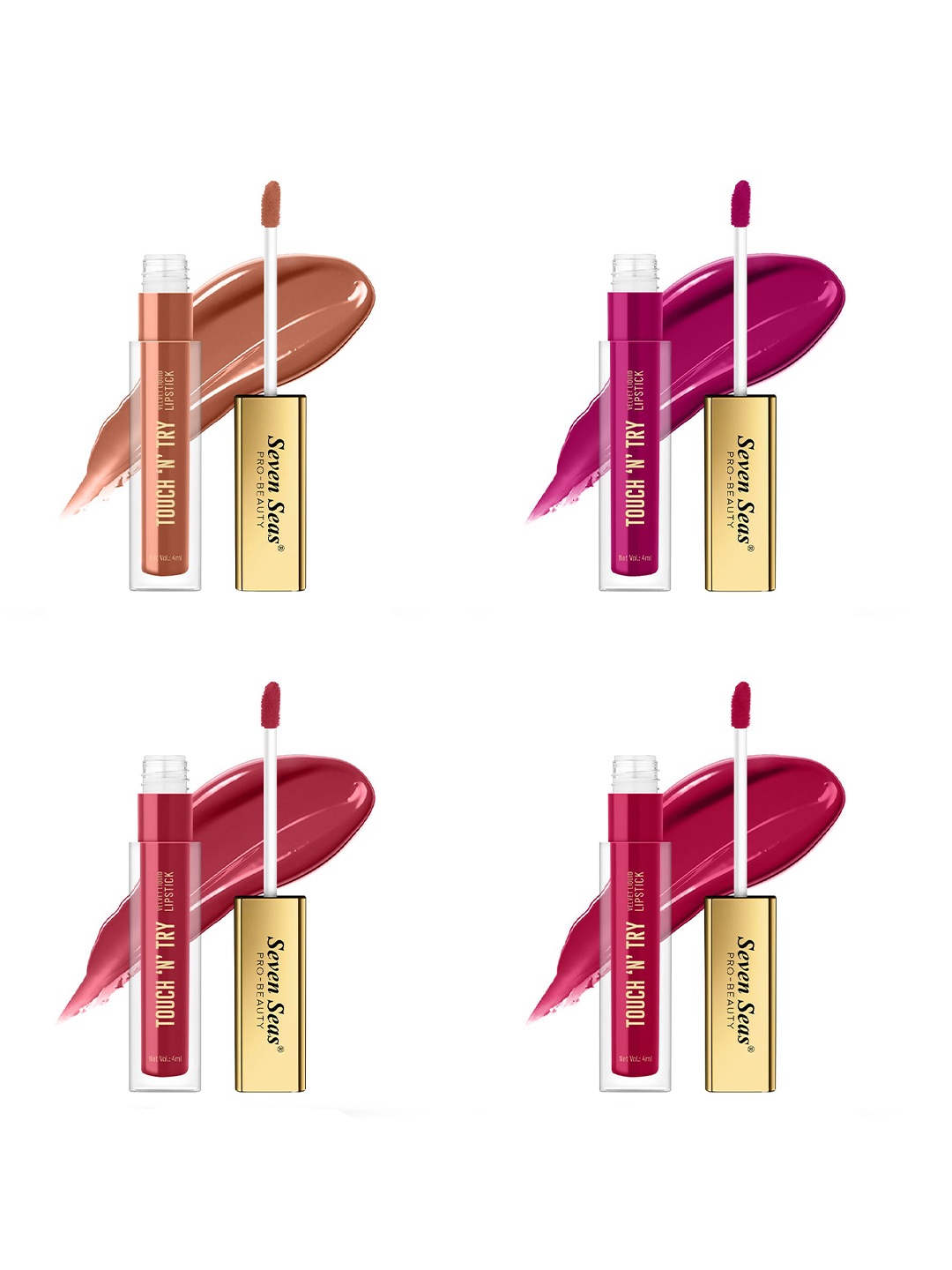 

Seven Seas Touch N Try Set Of 4 Velvet Matte Liquid Lipstick - 4ml Each -20 -21 -22 -25, Pink