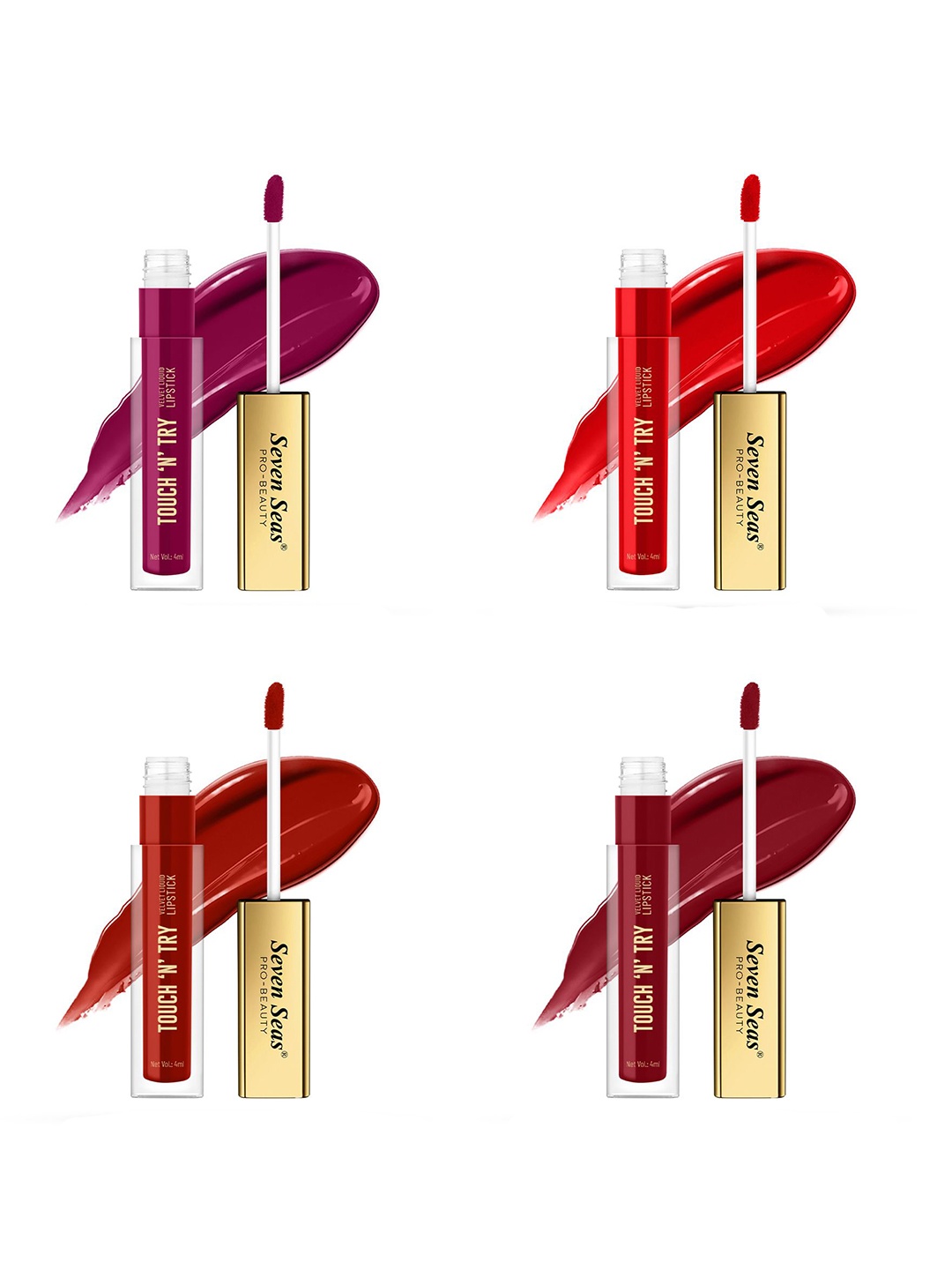 

Seven Seas Touch N Try Set Of 4 Velvet Matte Liquid Lipstick - 4 ml Each - 27-29-32-33, Purple