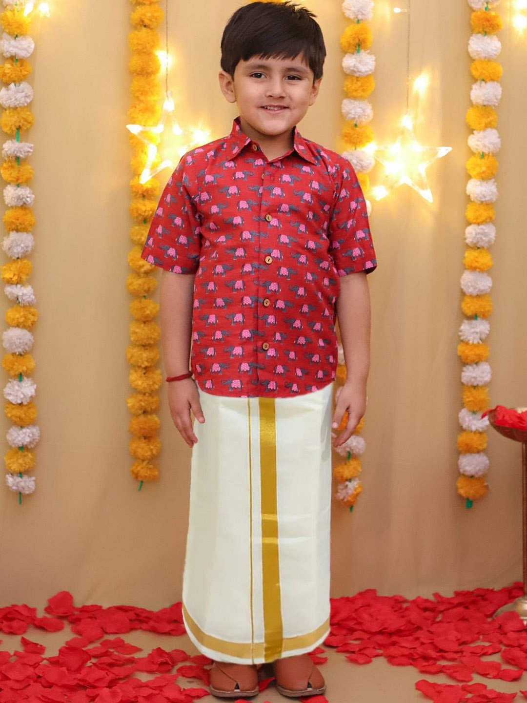 

BownBee Boys Floral Printed Pure Cotton Shirt With Mundu Dhoti, Red