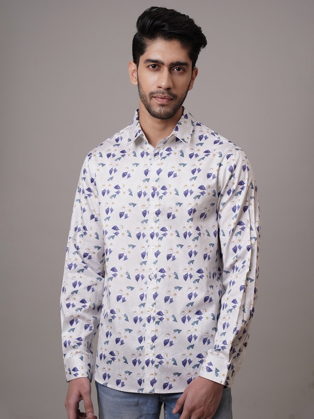 

CLUBHAVANA Men Comfort Spread Collar Floral Printed Cotton Casual Shirt, White