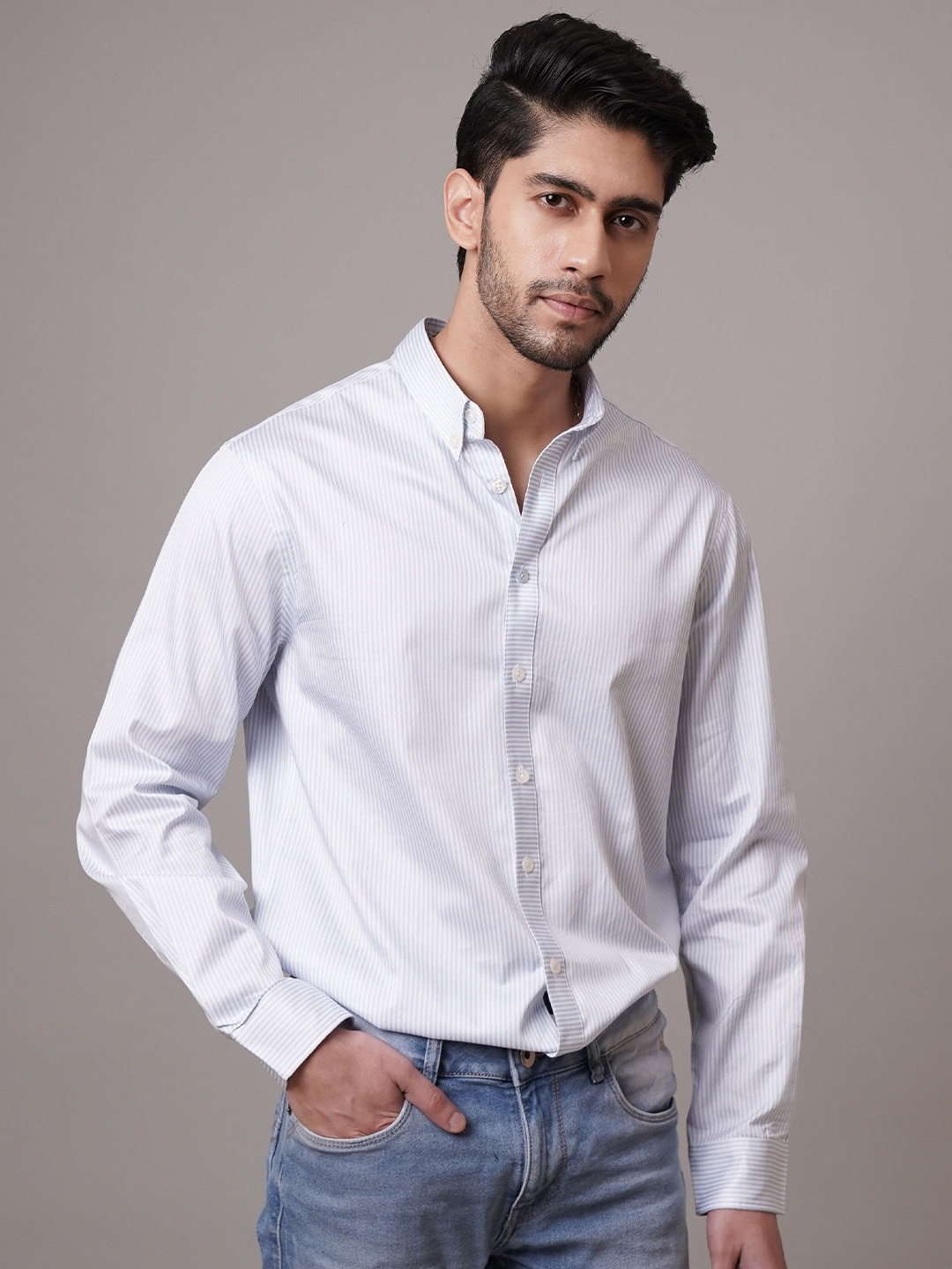 

CLUBHAVANA Men Comfort Button-Down Collar Vertical Striped Cotton Casual Shirt, Blue