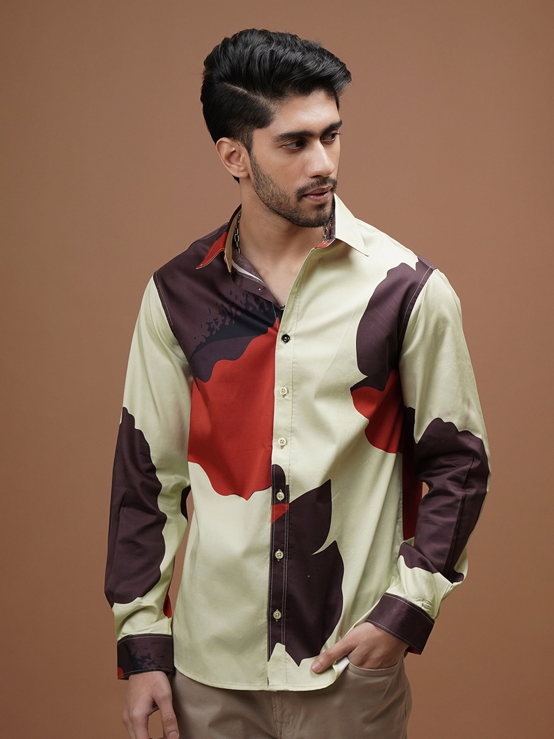 

CLUBHAVANA Men Comfort Spread Collar Abstract Printed Cotton Casual Shirt, Beige