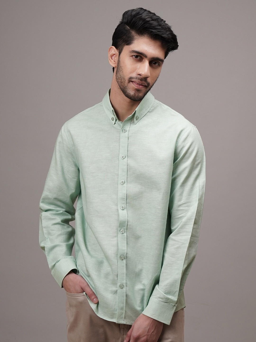 

CLUBHAVANA Men Comfort Button-Down Collar Solid Cotton Linen Casual Shirt, Green