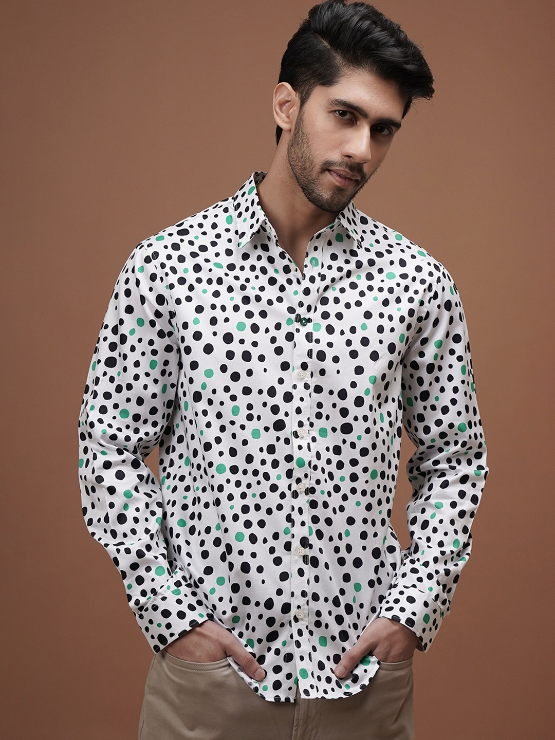 

CLUBHAVANA Men Comfort Spread Collar Geometric Printed Cotton Casual Shirt, White