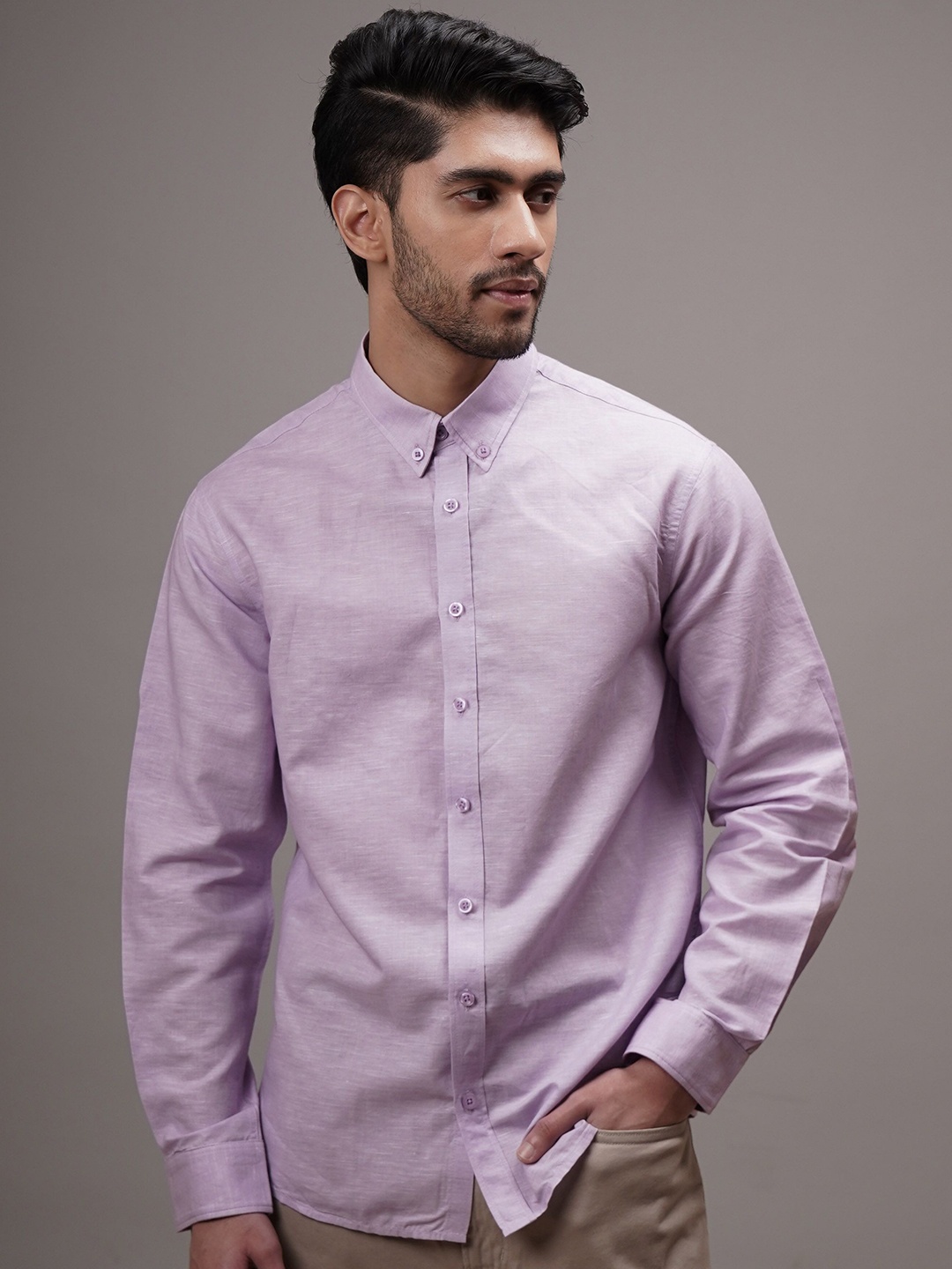 

CLUBHAVANA Men Comfort Button-Down Collar Solid Cotton Linen Casual Shirt, Lavender