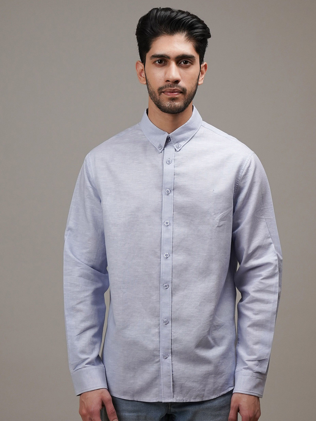 

CLUBHAVANA Men Comfort Button-Down Collar Solid Cotton Linen Casual Shirt, Blue