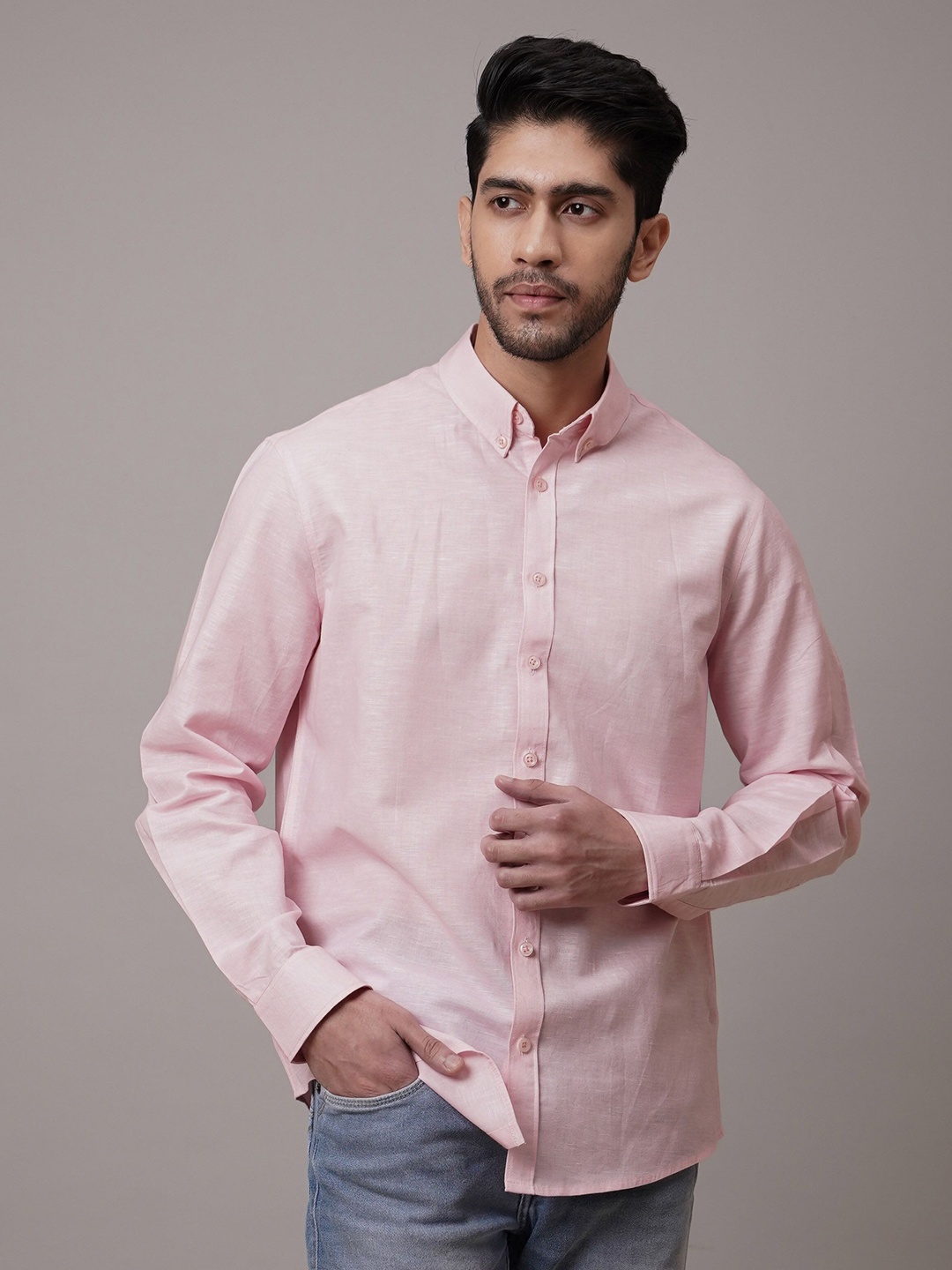 

CLUBHAVANA Men Comfort Button-Down Collar Solid Cotton Linen Casual Shirt, Pink