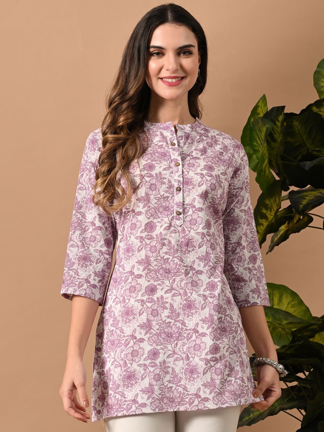 

DORIYA Women Floral Printed Mandarin Collar Top, Maroon