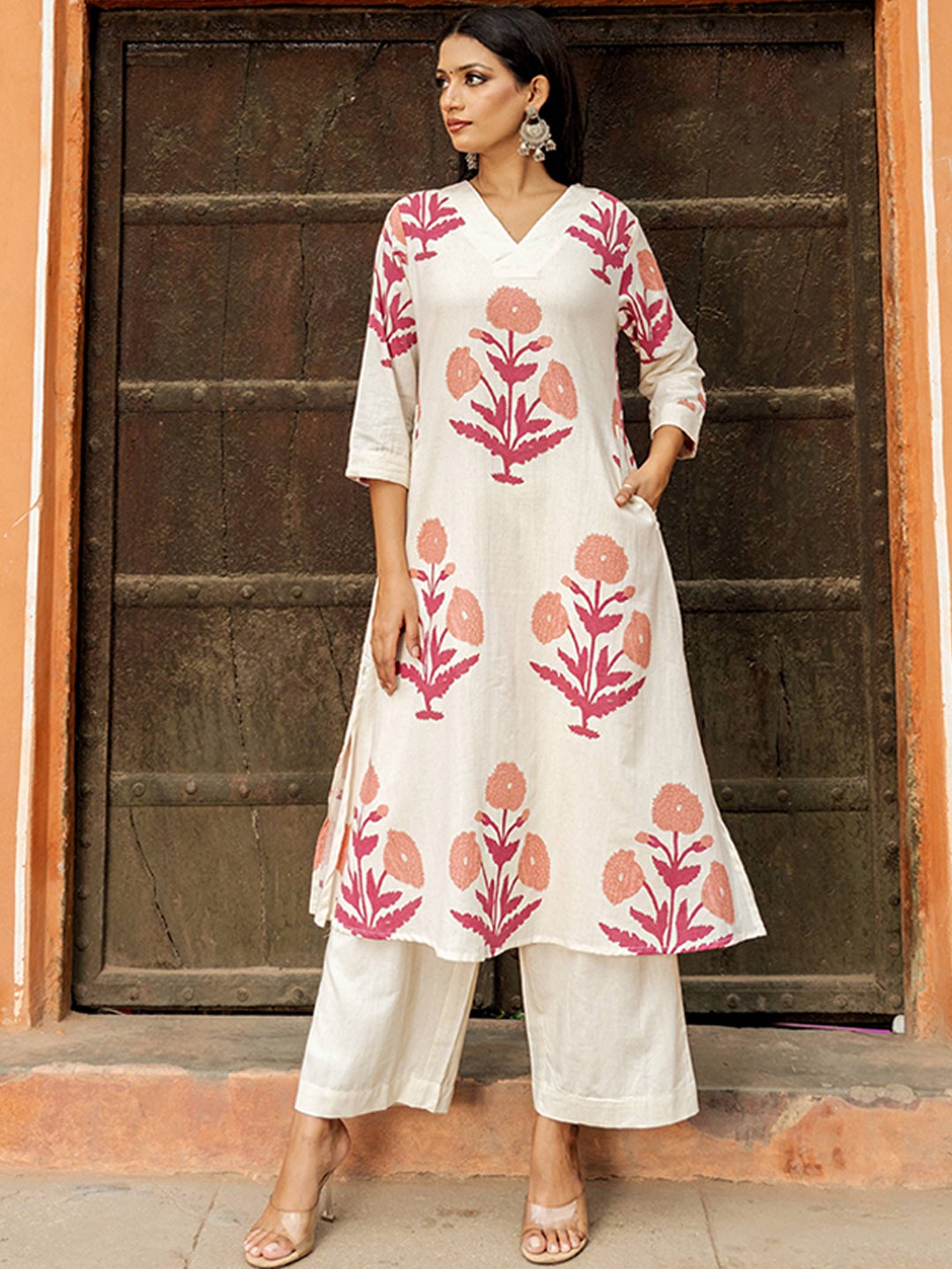 

KALINI Floral Printed Pure Cotton Kurta with Palazzos, Pink