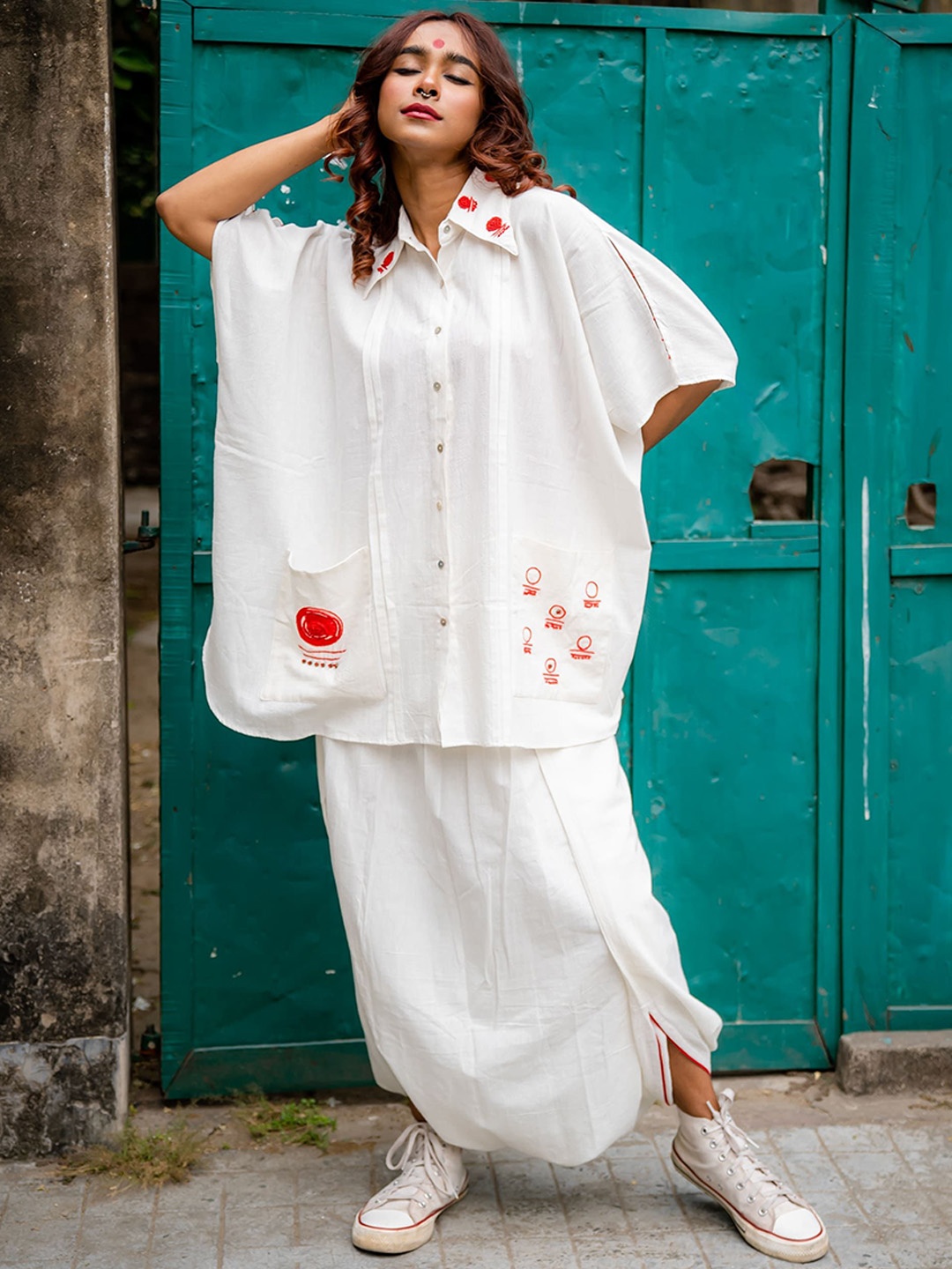 

Prathaa Pure Cotton Shirt Collar Neck Kaftan Shirt With Dhoti Pant Co-Ords, White
