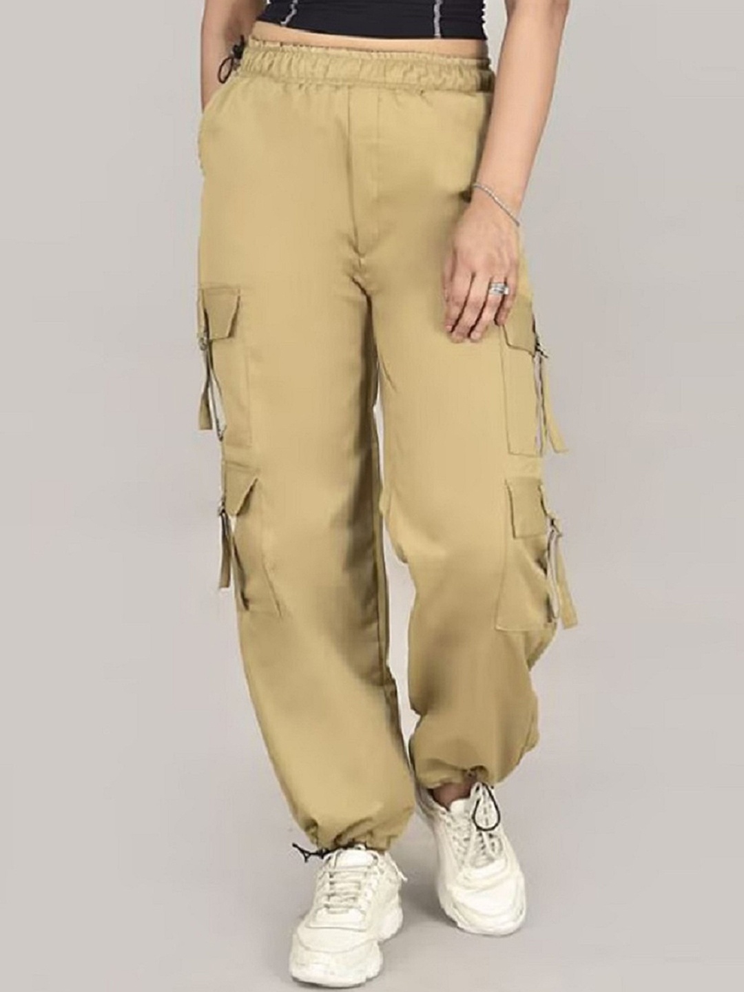 

Fashion2wear Women Comfort Loose Fit High-Rise Wrinkle Free Pleated Cargos Trousers, Beige