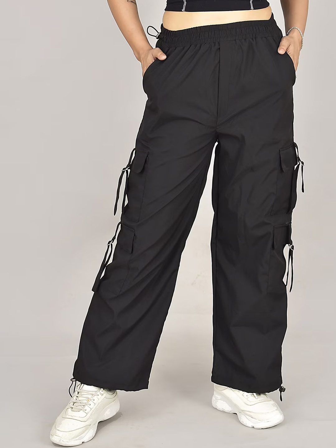 

Fashion2wear Women Comfort Loose Fit High-Rise Wrinkle Free Pleated Cotton Cargos Trousers, Black